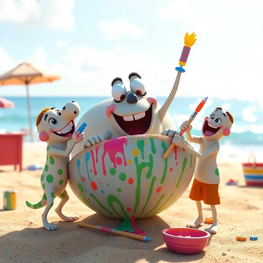 Caco and friends decorating the conch with paint and laughter, bright beach background, colorful scenery, digital painting, lively and festive, high quality