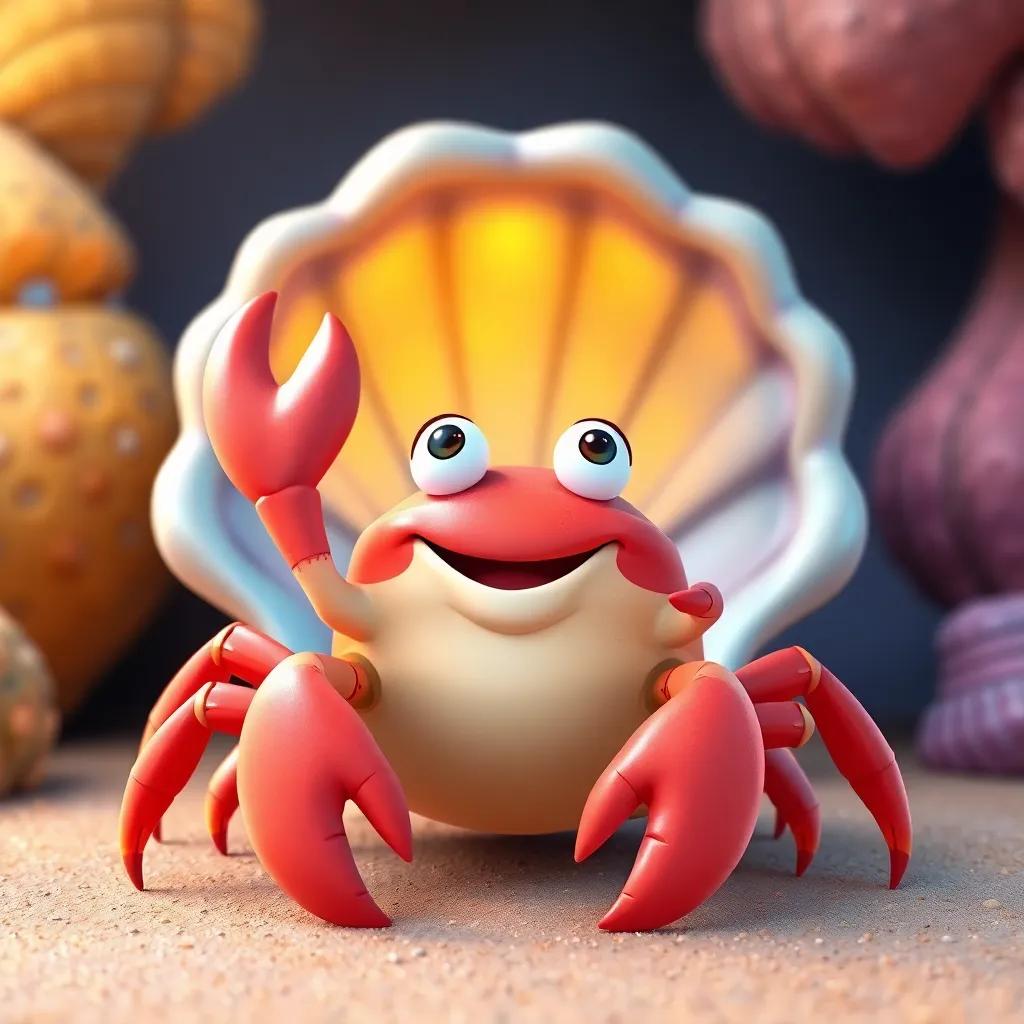 Caco the crab with friends, joyfully sitting in front of vibrant conch shell, colorful beach background, friendship theme, digital illustration, cheerful colors, high detail