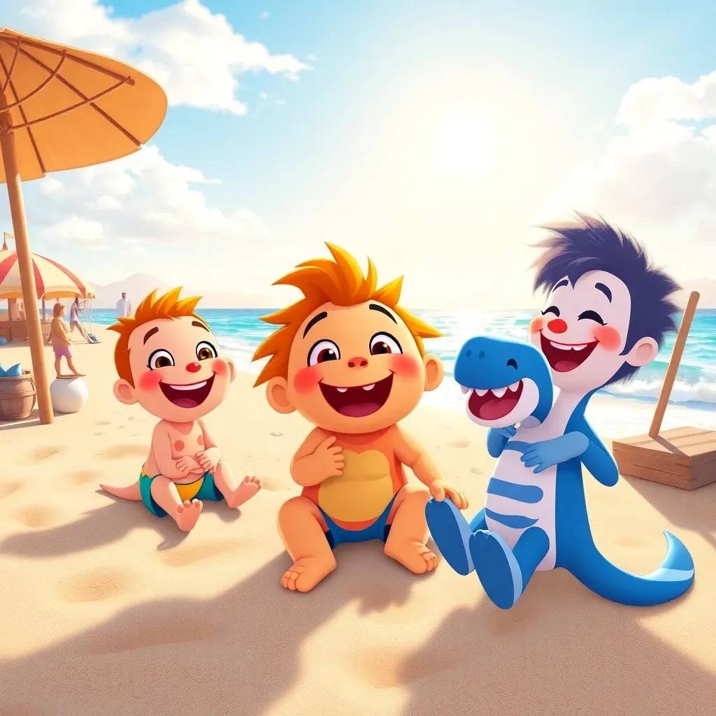 A beautiful scene of the beach with Caco and his friends enjoying the sunny day, playing around, laughter, bright colors, child-friendly illustration, high quality