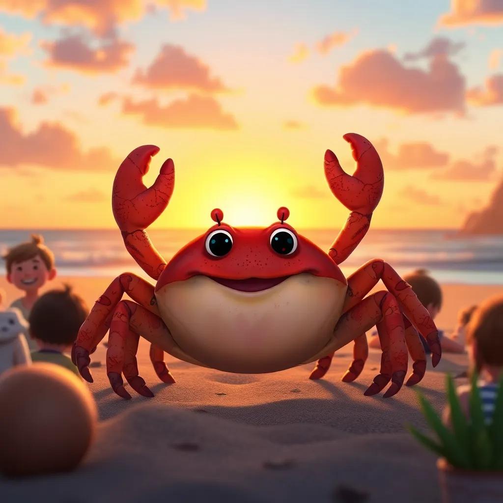 Caco the crab surrounded by friends, happiness and love shining through, sunset beach view, warm colors, heartwarming scene, digital art, emotional connection, high detail