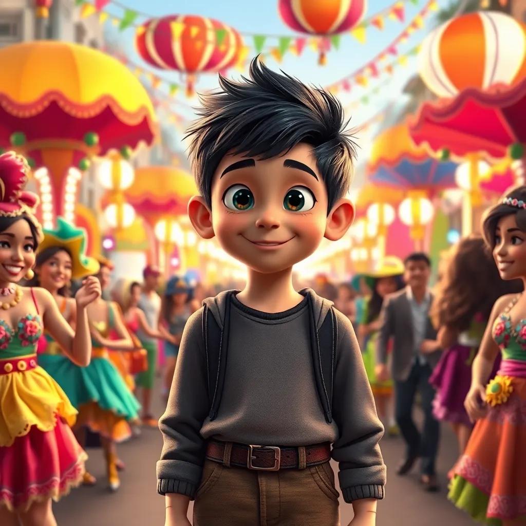 During the Carnival, a young boy named Léo is surrounded by colorful floats and people dancing, smiling and wearing festive costumes, digital art, vibrant colors, joyful atmosphere, high quality