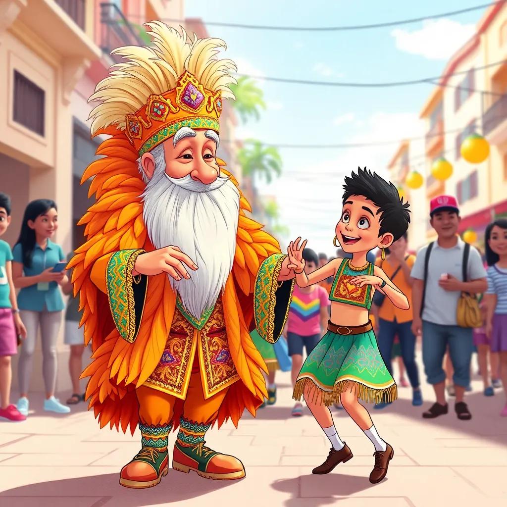 An old samba king with a long white beard and a warm smile, dressed in a bright costume full of feathers and sequins, teaching Léo how to dance in a lively street setting, illustration, cheerful, community spirit, high quality