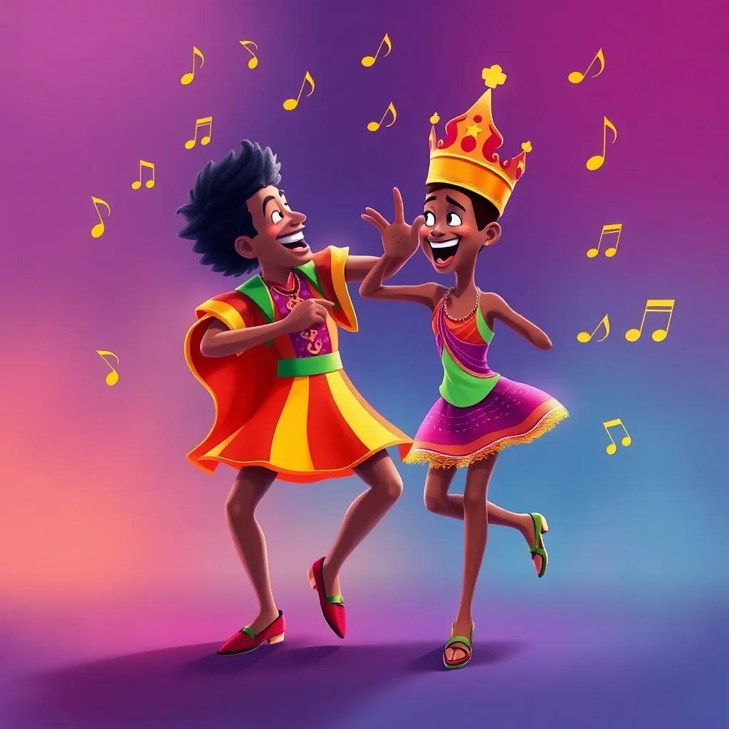 The samba king and Léo dancing together energetically, with rhythm and joy, while musical notes float around them, capturing the essence of samba dancing, digital painting, colorful, dynamic, high quality