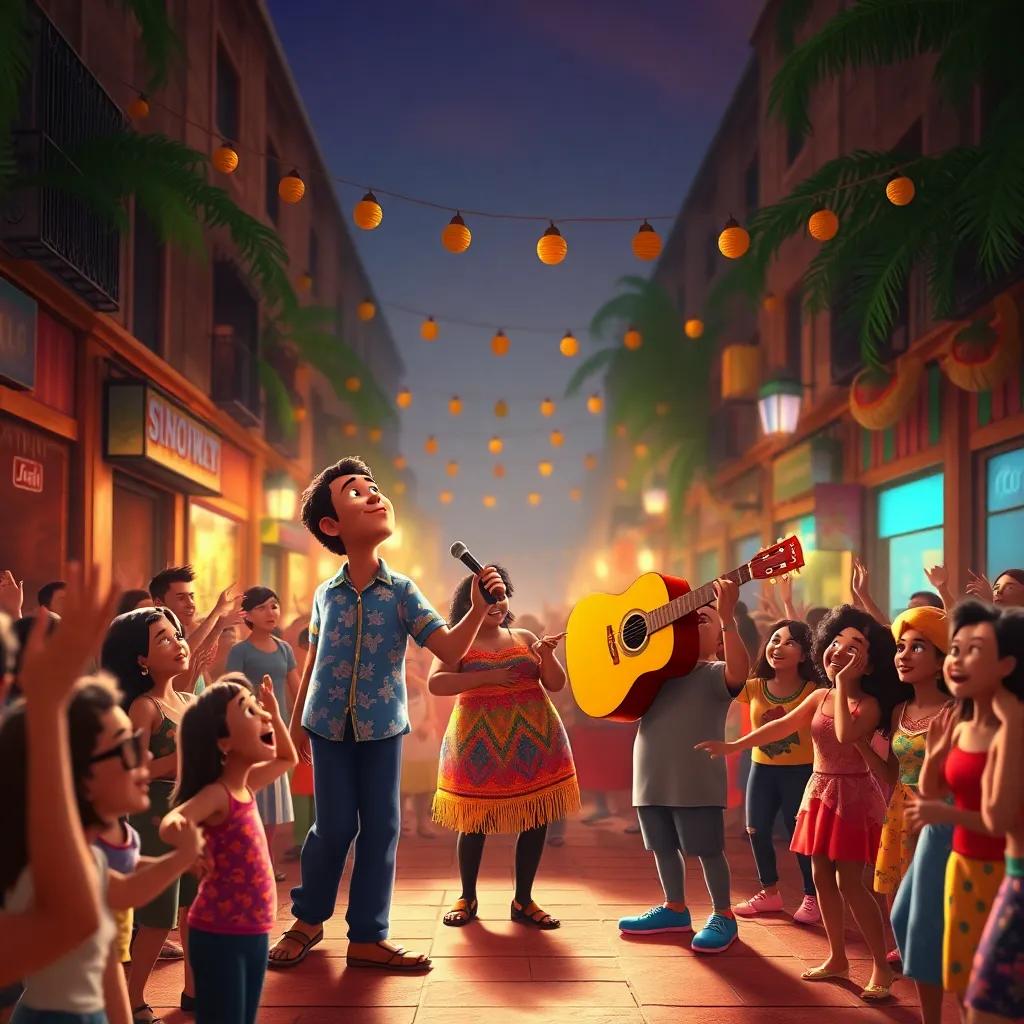 A vibrant street scene where Léo and the samba king perform their new song, with a crowd of happy people dancing around them, celebrating the joy of culture and community, digital art, festive colors, uplifting atmosphere, high quality