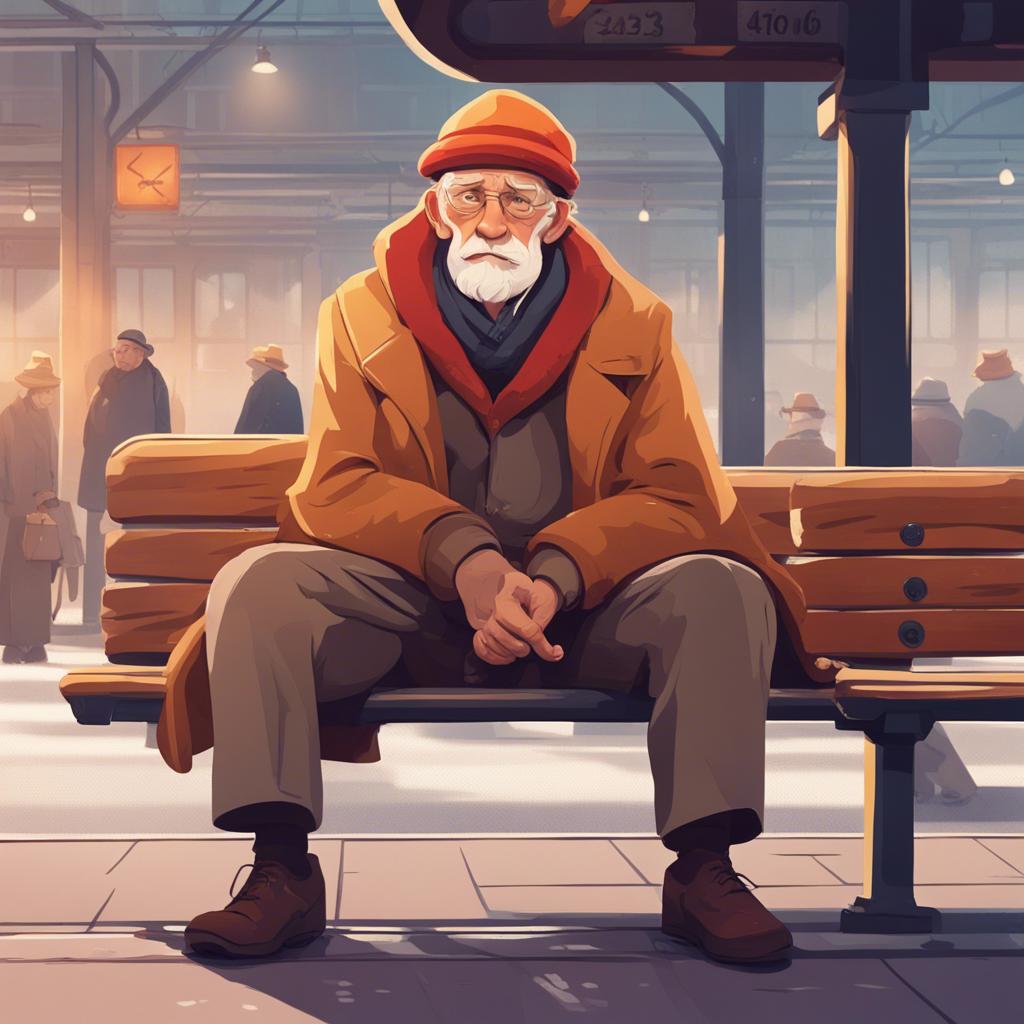 An old man sitting on a bench at a train station with a worried expression as cold wind blows, wearing a warm coat and a colorful hat, detailed illustration, cozy atmosphere, warm colors