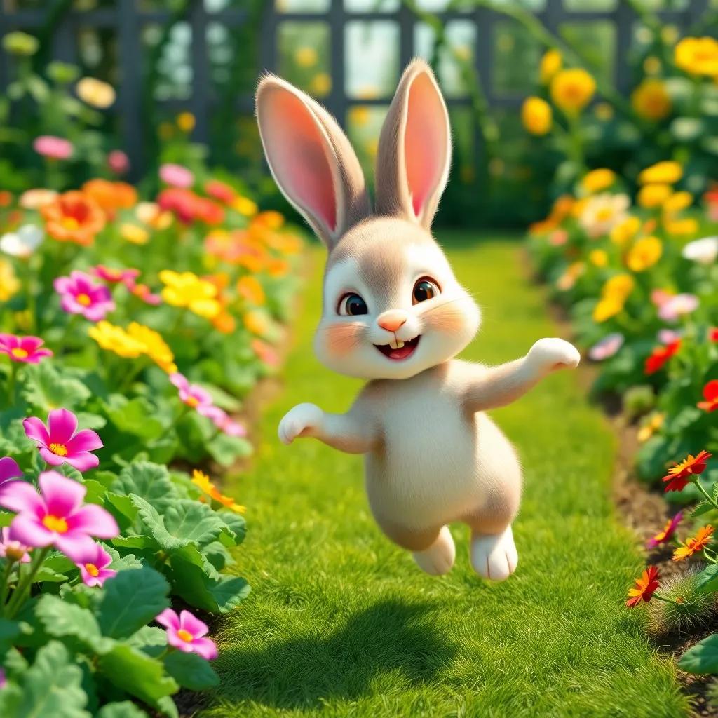 A cute little bunny, hopping joyfully in a vibrant garden with green vegetable patches, colorful flowers, sunny day, digital art, bright colors, cheerful atmosphere, high quality