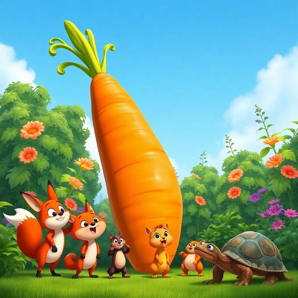 A giant carrot standing tall in the garden, surrounded by small animals like a fox, a squirrel, and a turtle, amazed expressions, colorful, cartoonish style, vibrant, appealing to children