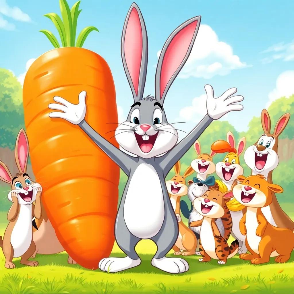 The bunny excitedly calling his friends with arms wide open, all the animals gathering around the giant carrot, smiles and laughter, sunny day, joyful scene, illustration, lively atmosphere