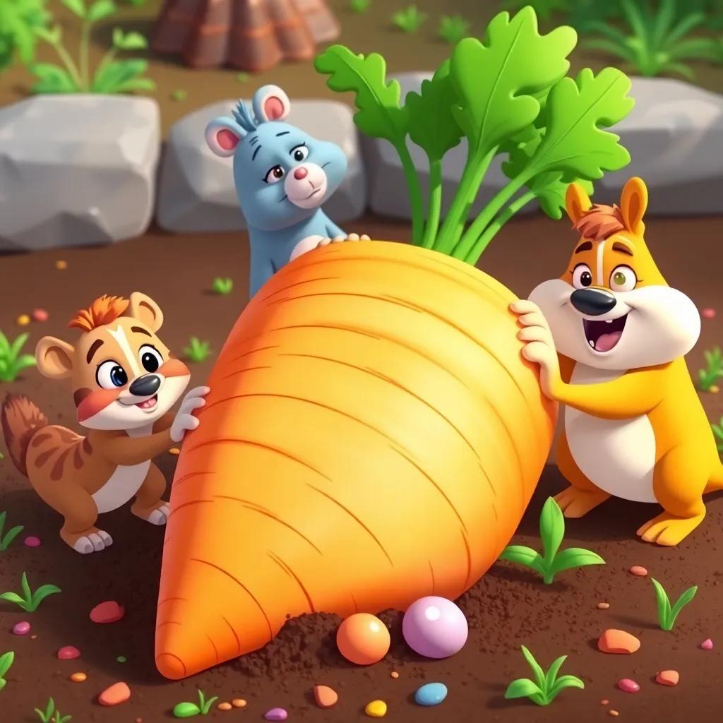 The animals working together, pulling the giant carrot from the ground, determination on their faces, colorful dirt and plants around, fun cartoon style, cheerful colors
