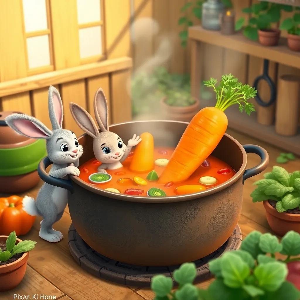 The bunny and his friends cooking in a big pot, vegetables and a giant carrot floating in the soup, warm colors, cozy kitchen setup outside in the garden, child-friendly