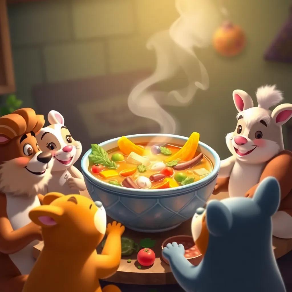 The beautifully crafted soup, with steam rising and a variety of colorful vegetables, the animals sitting around with smiles, enjoying the meal, heartwarming scene, rich colors, joyful atmosphere