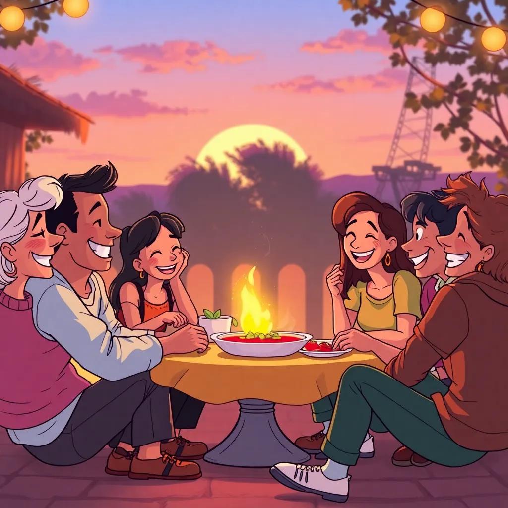 The happy group of friends sitting together after enjoying their soup, laughing and sharing stories, the sun setting behind them, a sense of community, animated style, vibrant