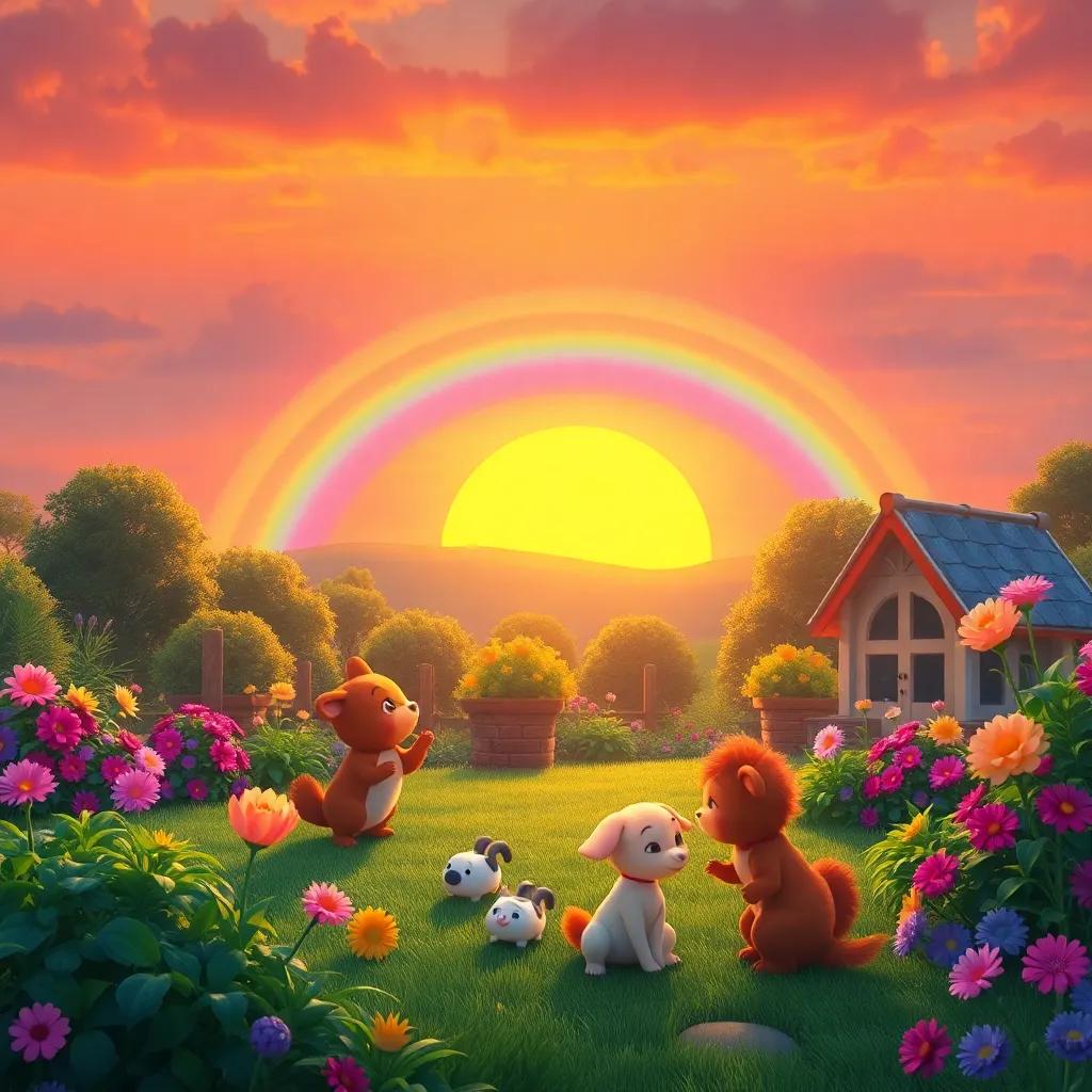 The sunset over the garden with a rainbow, symbolizing joy and teamwork, the small animals playing together, brightly colored, magical vibe, ideal for children