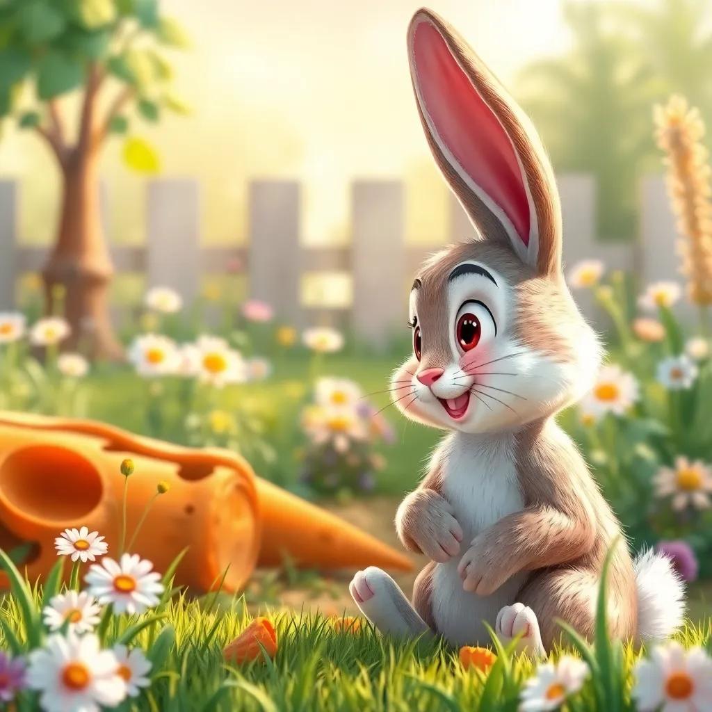 The bunny reflecting on the day with a smile, looking at the garden and the remains of the giant carrot, content and happy, bright colors, whimsical art style, highly detailed