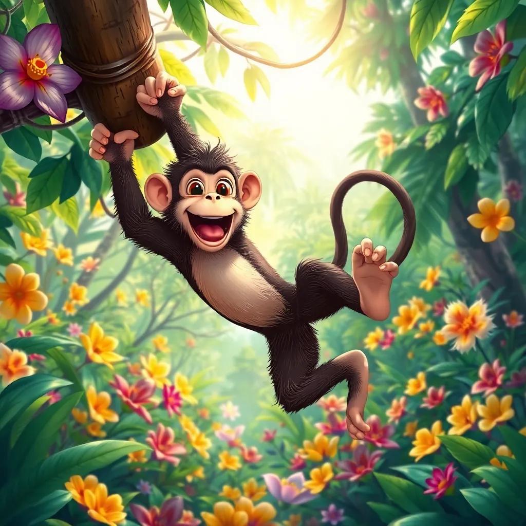 A mischievous monkey, lively and energetic, swinging from tree to tree in a lush green jungle filled with colorful flowers and sunlight filtering through the leaves, digital art, vibrant colors, cheerful atmosphere, playful perspective, high quality