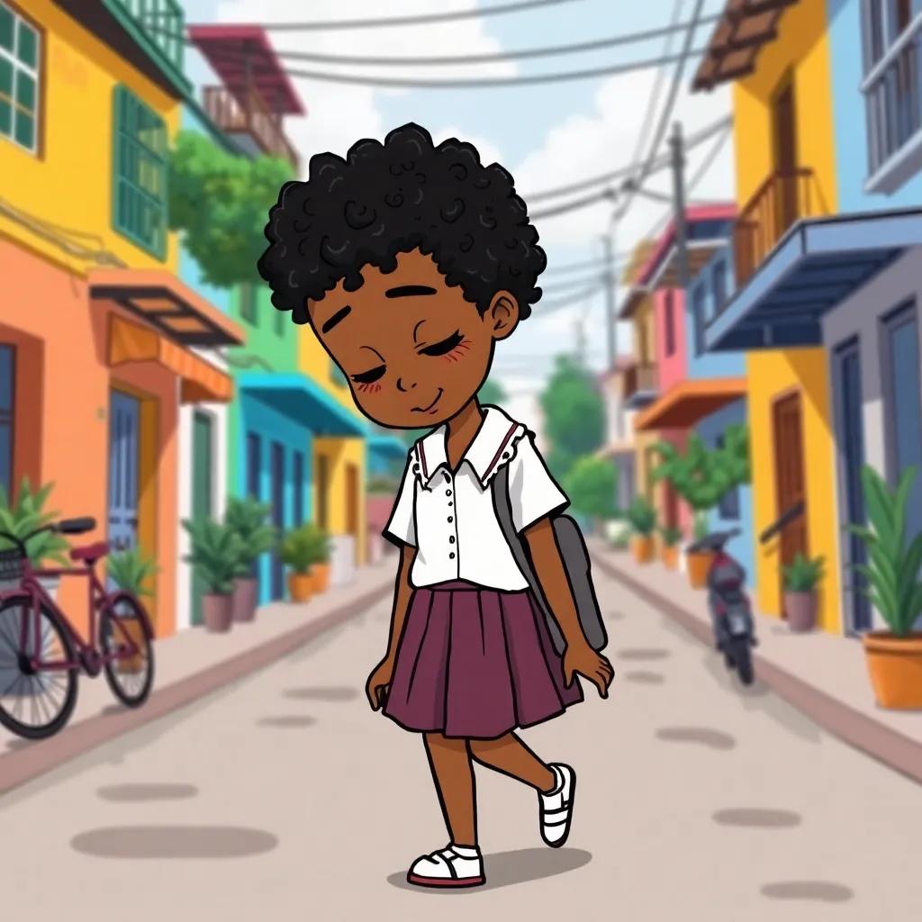A young black girl, Ayra, with short curly hair, wearing a school uniform, walking home with her head down, surrounded by a colorful neighborhood in Salvador, Bahia, vibrant street scene, happy atmosphere, illustration, child-friendly