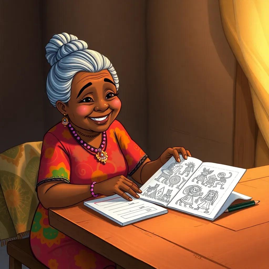 An elderly black woman, Dona Celina, with gray hair tied up, wearing a colorful dress, sitting at a wooden table with papers and a smile, handing Ayra a coloring book filled with illustrations of orixás, warm lighting, cozy setting, detailed, inviting environment