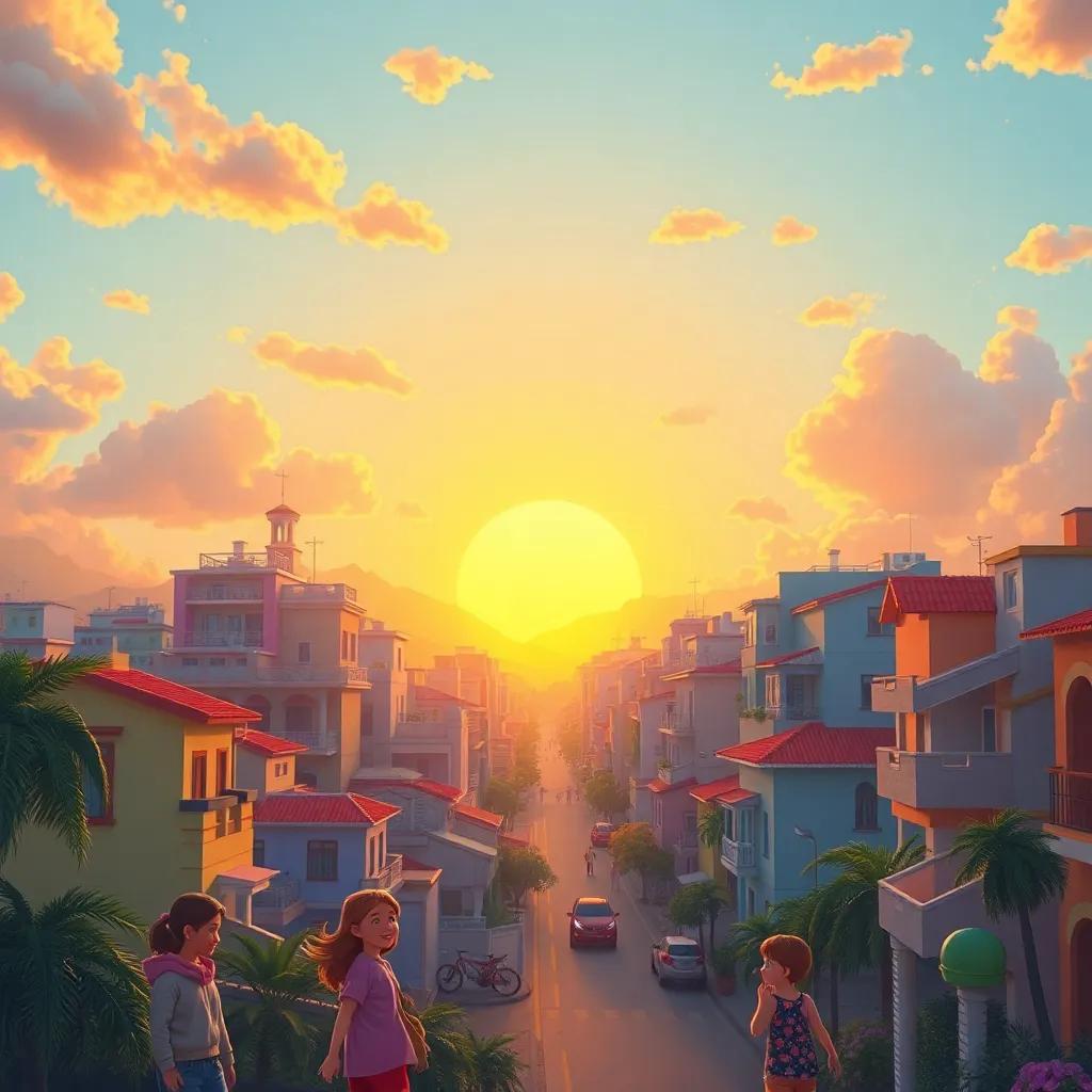 Uma cidade vibrante ao nascer do sol, com crianças sorrindo, nuvens coloridas e um feitiço brilhante no ar, digital art, alegre, cores vivas, perspectiva animada, alta qualidade