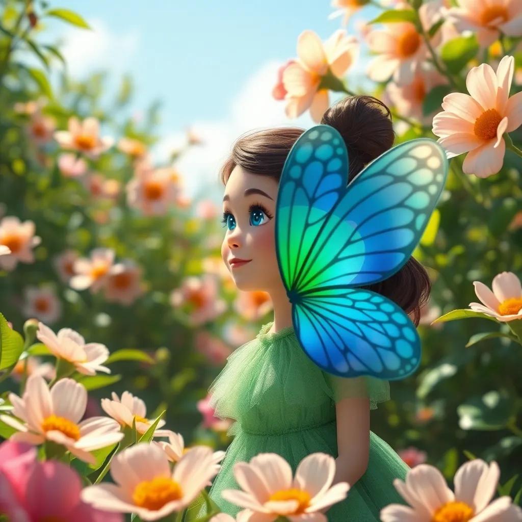 Ana, uma menina animada, transformada em uma borboleta azul e verde, voando entre flores grandes em um parque ensolarado, digital art, cheia de vida, tons alegres, visão leve, alta qualidade