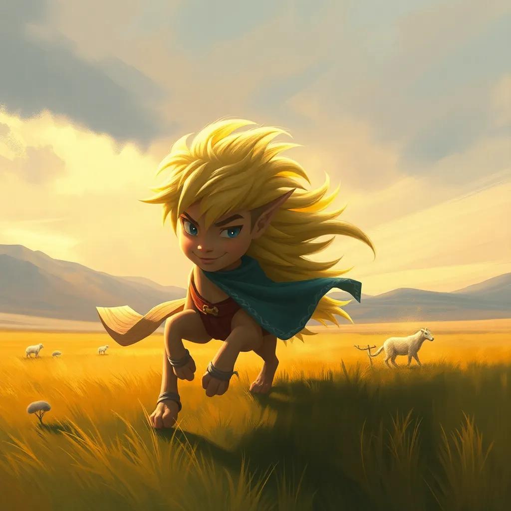 Carlos, um garoto de cabelos castanhos, se transformou em um leão forte, rugindo em um campo aberto, com sua juba dourada ao vento, digital painting, impressionante, cores quentes, foco detalhado, alta qualidade