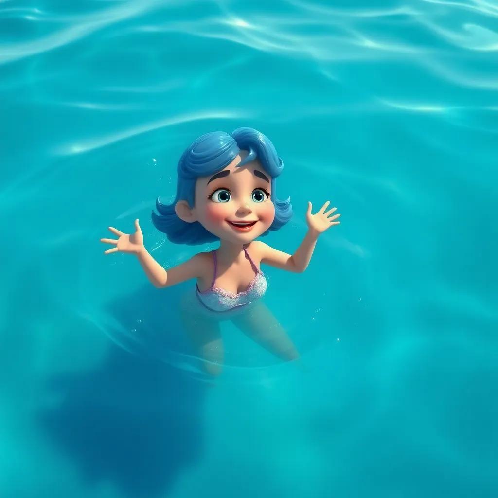 Maria, uma menina de cabelos pretos, transformada em um golfinho, nadando alegremente em um mar azul claro, cercada por outros golfinhos, digital art, vibrante, ambiente alegre, qualidade classic