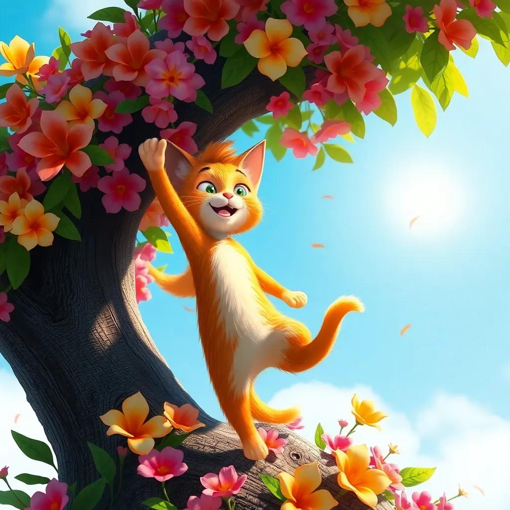 Pedro, um menino de cabelo loiro, transformado em um gato laranja, saltando feliz de uma árvore verde, cercado por flores coloridas e um céu ensolarado, digital art, vibrante, tom alegre, foco próximo e detalhado