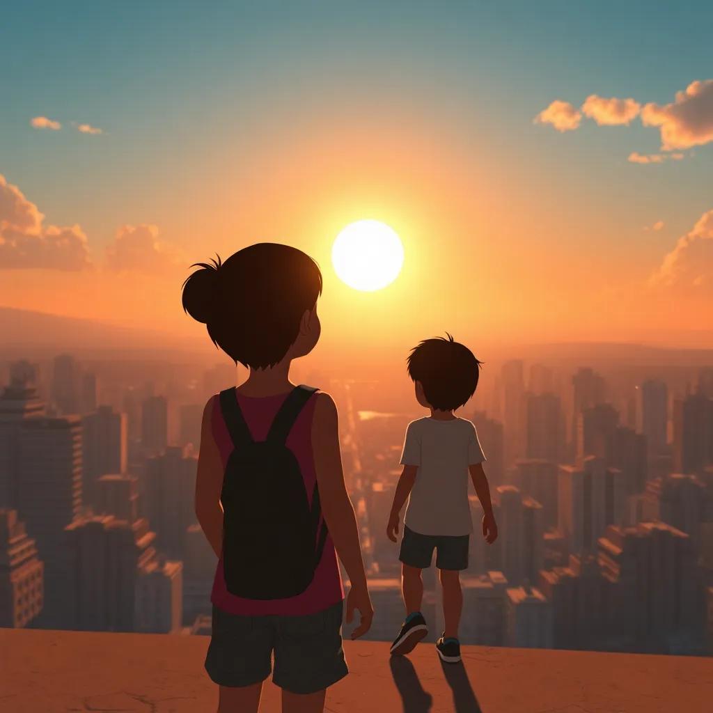 O pôr do sol sobre a cidade, as crianças voltando a ser como antes, com um brilho mágico ao redor, digital art, suave e reconfortante, tons quentes, perspectiva ampla