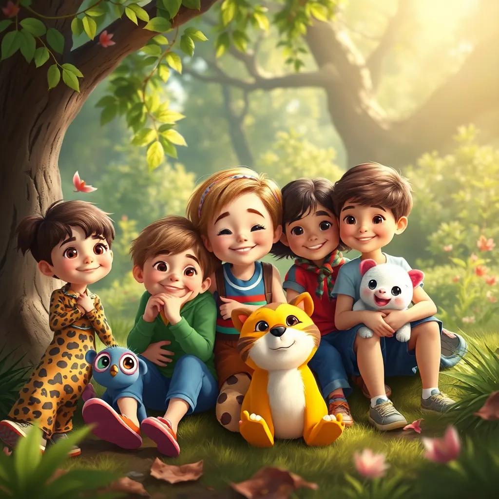 Uma imagem de amizade entre as crianças com seus animais favoritos, todos juntos em um cenário bonito de natureza, digital painting, alegre, repleto de detalhes, qualidade vibrante, foco encantador