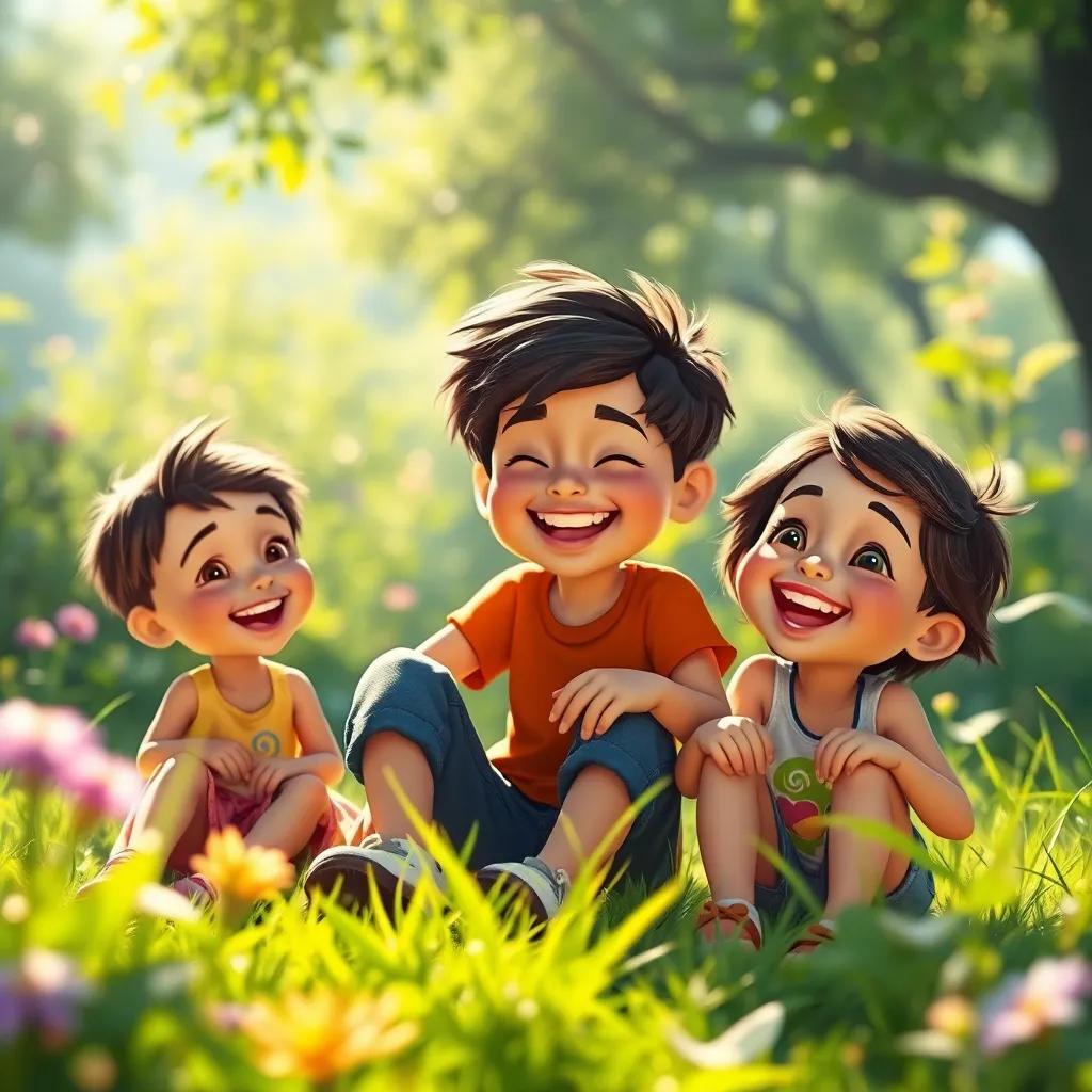 Um lembrete da amizade e aventuras passadas, com as crianças sorrindo e brincando na natureza verdejante, digital art, radiante, ambiente alegre, foco emocional, alta qualidade