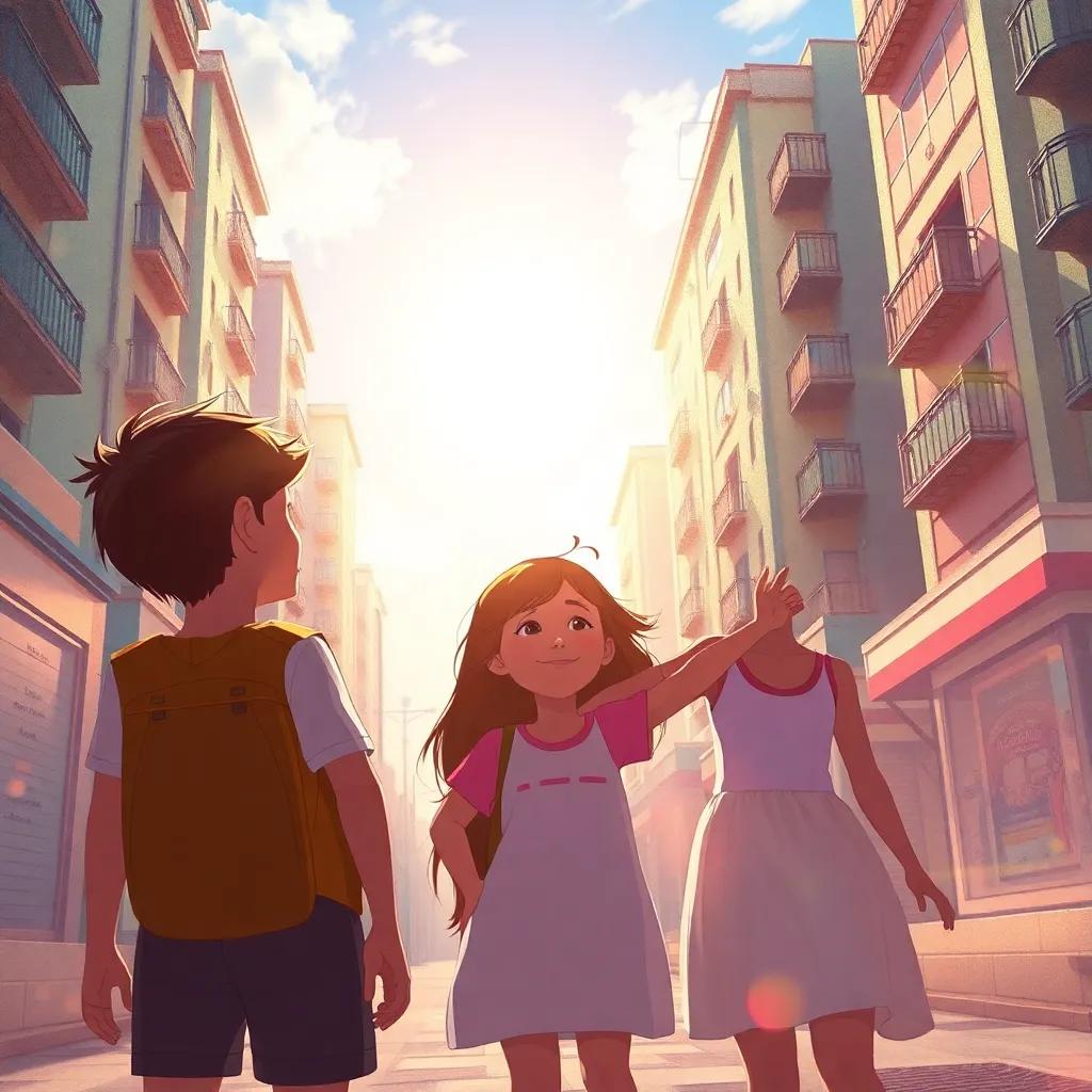 Uma imagem final mostrando as crianças na cidade, cercadas pelo sol e alegria, com a sensação de magia e união, digital painting, vibrante, atmosfera calorosa, visão encantadora, alta qualidade