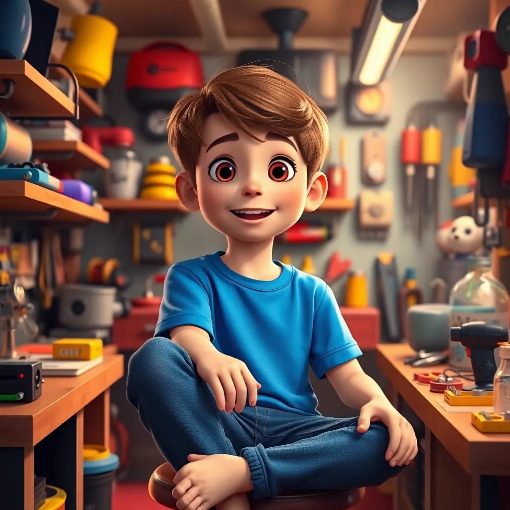 A young boy named Lucas, with short brown hair, wearing a blue t-shirt and jeans, sitting in a small garage laboratory filled with gadgets and tools, looking excited and inspired, digital art, colorful, bright atmosphere, inviting, warm lighting