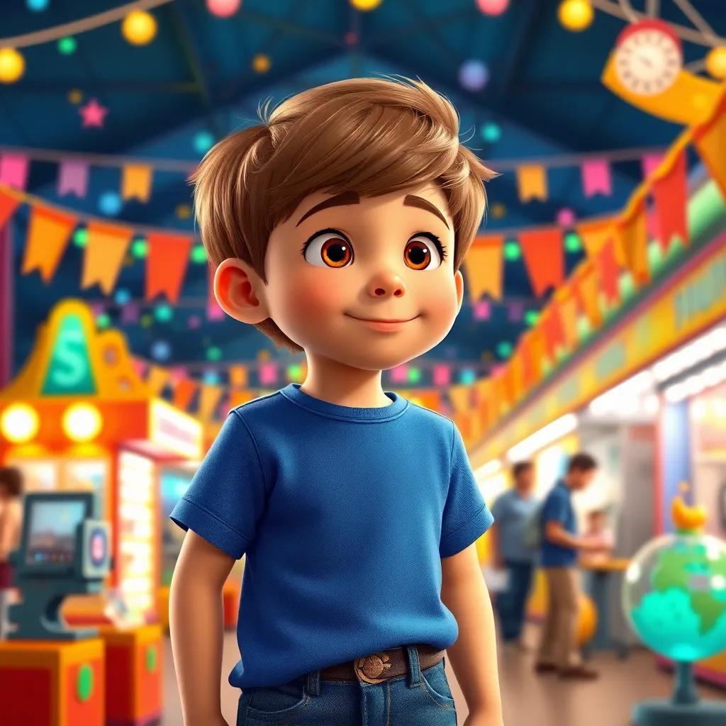 Lucas, a young boy with short brown hair, wearing a blue t-shirt and jeans, surrounded by colorful lights and banners at a magical science fair, amazed by the inventions on display, cheerful background, vibrant, child-friendly