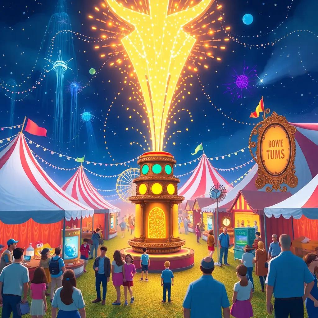 A magical science fair with stunning inventions, including a rain-making machine and a trash-to-energy device, with colorful tents and crowds, digital illustration, bright colors, engaging atmosphere, fun
