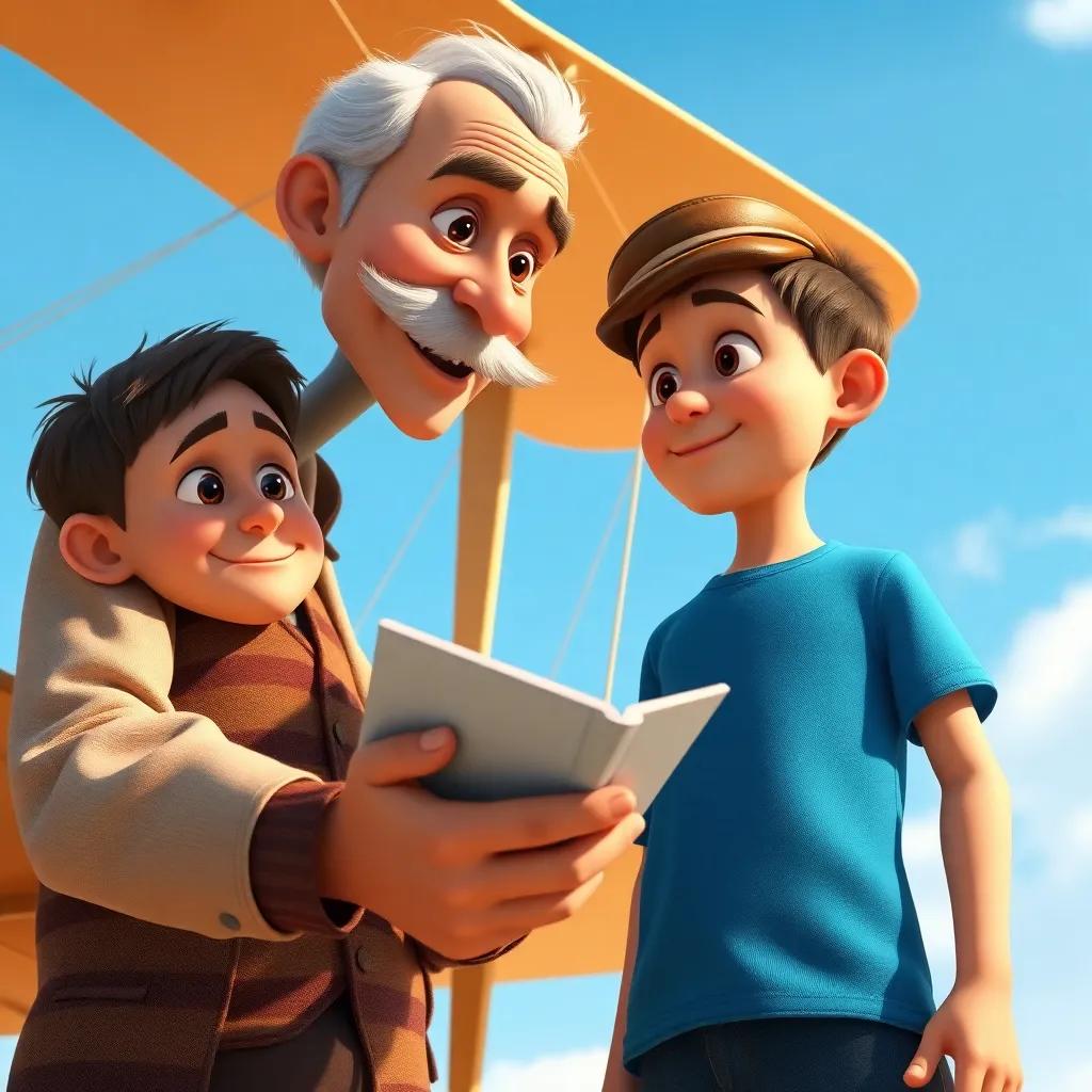 A charming inventor, Santos Dumont, an older man with a mustache and a friendly smile, explaining his airplane to Lucas, a young boy in a blue t-shirt, under the blue sky, digital art, warm and inviting, detailed