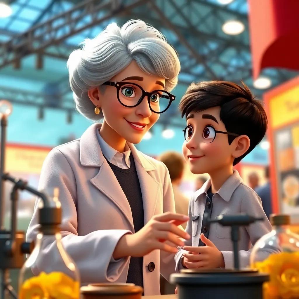 Marie Curie, a wise woman with short hair, wearing a lab coat and glasses, demonstrating her experiment to Lucas at the fair, surrounded by scientific equipment, engaging atmosphere, bright colors, inspiring