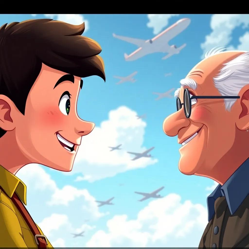 Lucas asking a question to Alberto Santos Dumont, a happy old man with a twinkle in his eye, both smiling, a backdrop of the sky with airplanes, cheerful, uplifting art, detailed illustration