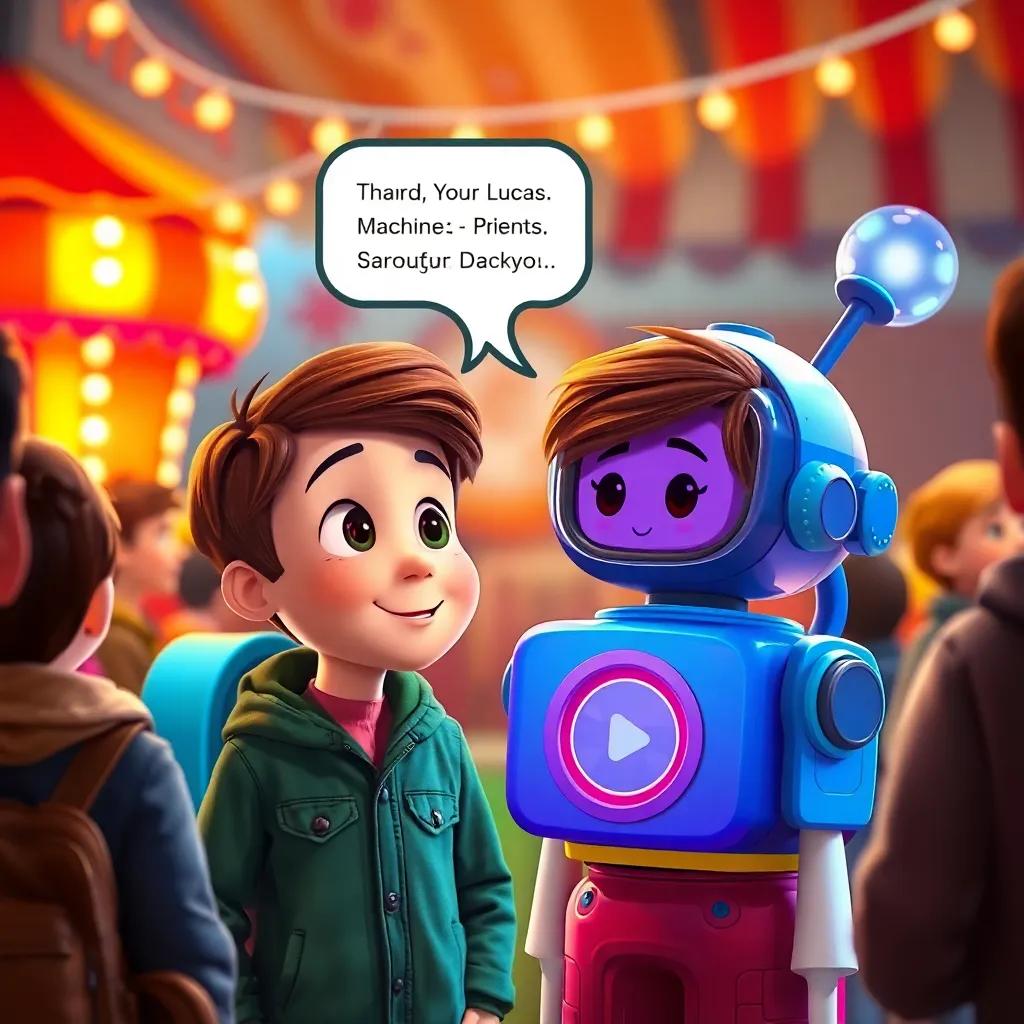 A friendly talking machine, colorful and whimsical, addressing Lucas, a young boy with short brown hair, surrounded by excited people at the fair, vibrant scene, engaging colors, child-friendly, animated