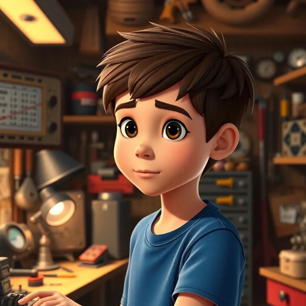 Lucas, a determined boy with short brown hair in a blue t-shirt, in his garage working on a new invention, filled with tools and gadgets, a sense of inspiration, warm tones, focused atmosphere