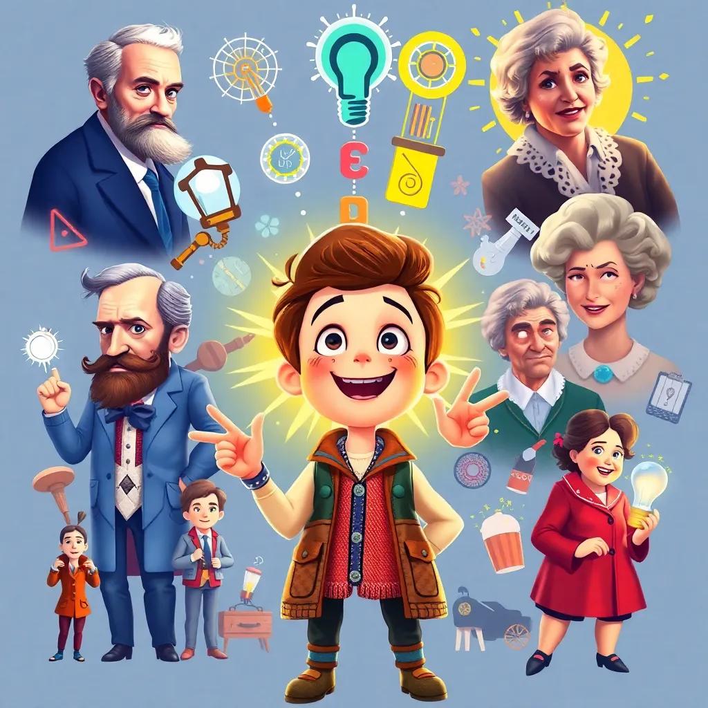 A collage of various inventors, including Santos Dumont and Marie Curie, with bright ideas swirling around a determined Lucas, showing enthusiasm and energy, colorful, imaginative art, child-friendly, engaging