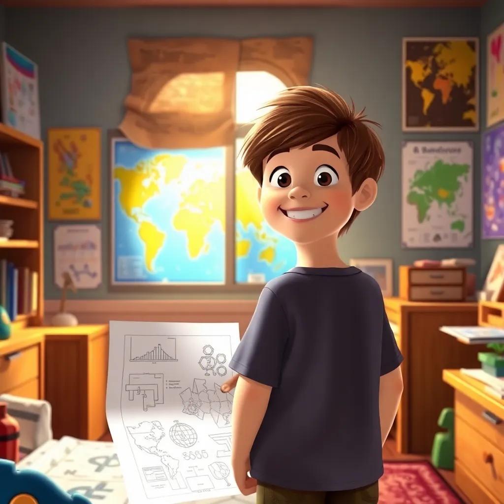 Lucas, a young boy with short brown hair, back in his room with blueprints and sketches, dreaming big with a bright smile, a world map and science posters on walls, vibrant atmosphere, hopeful