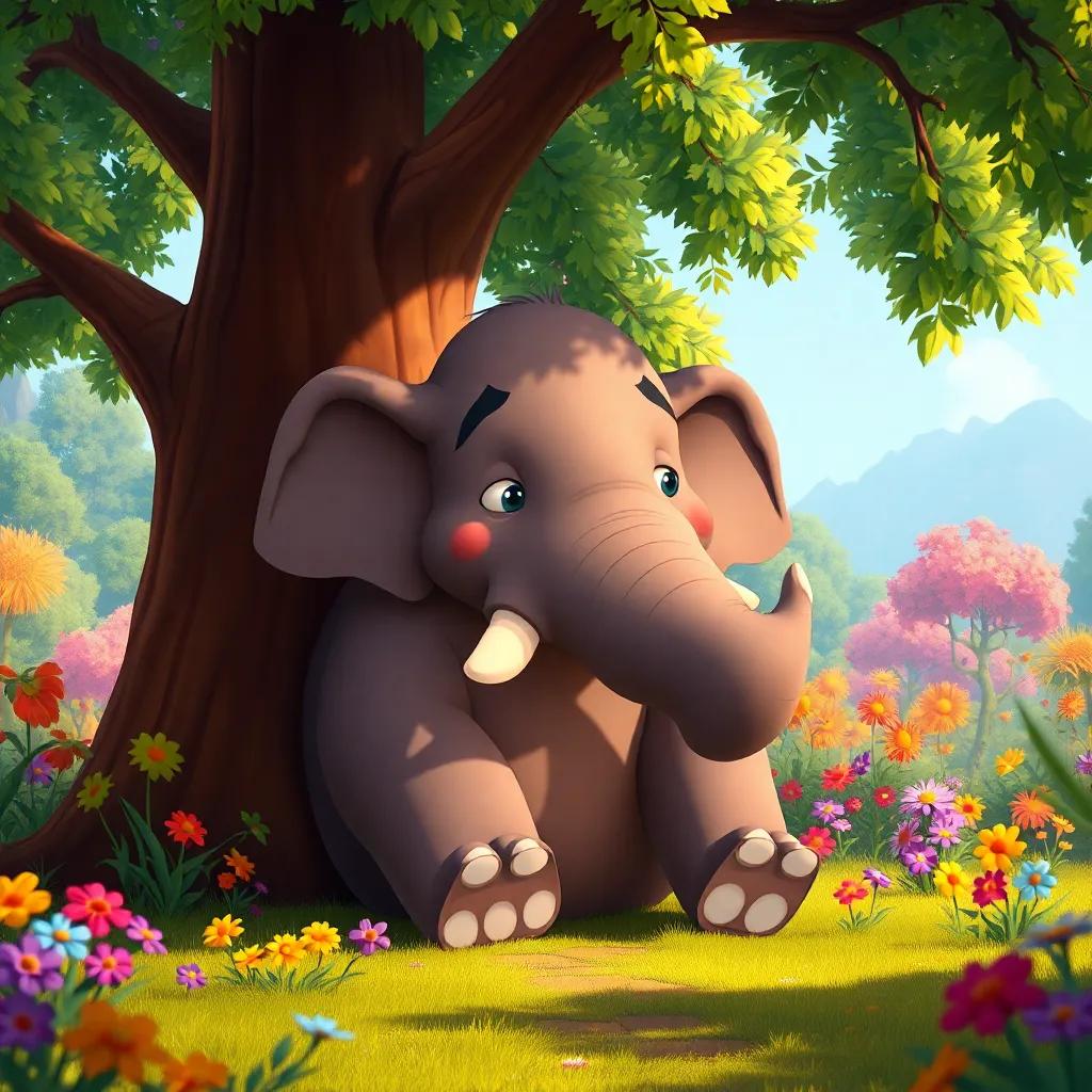 A large elephant named Eduardo, looking sad and heavy, sitting under a big tree in a vibrant forest, colorful flowers around, digital art, warm colors, inviting atmosphere, cheerful