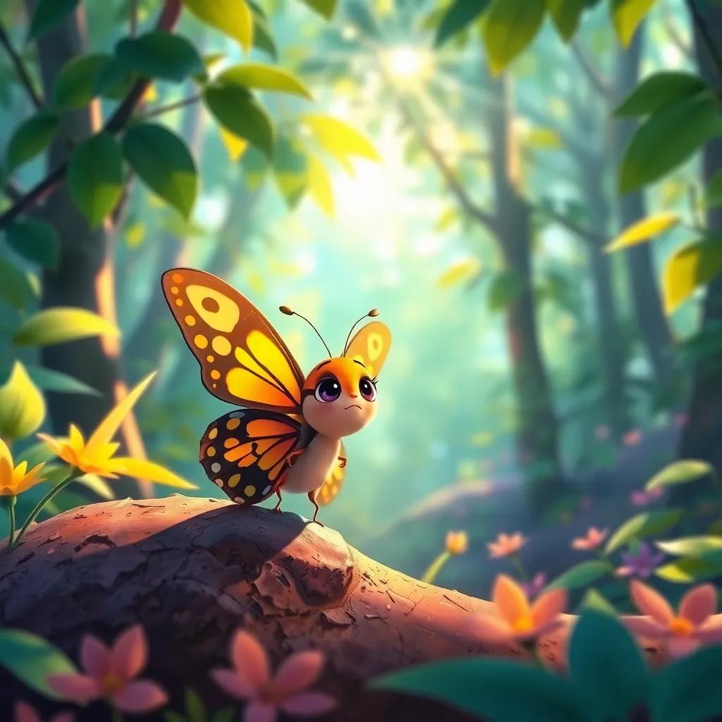 A small butterfly named Bela, looking lost and sad, fluttering near Eduardo, colorful forest with sunlight shining through leaves, detailed illustration, bright and lively
