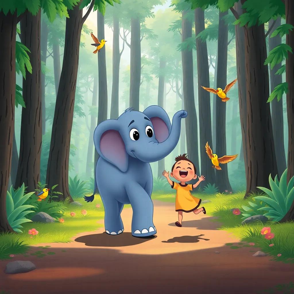 Elefante Eduardo walking slowly through the forest, helping little Bela, who is joyously flying around him, surrounded by tall trees and chirping birds, cheerful, colorful illustration, high quality
