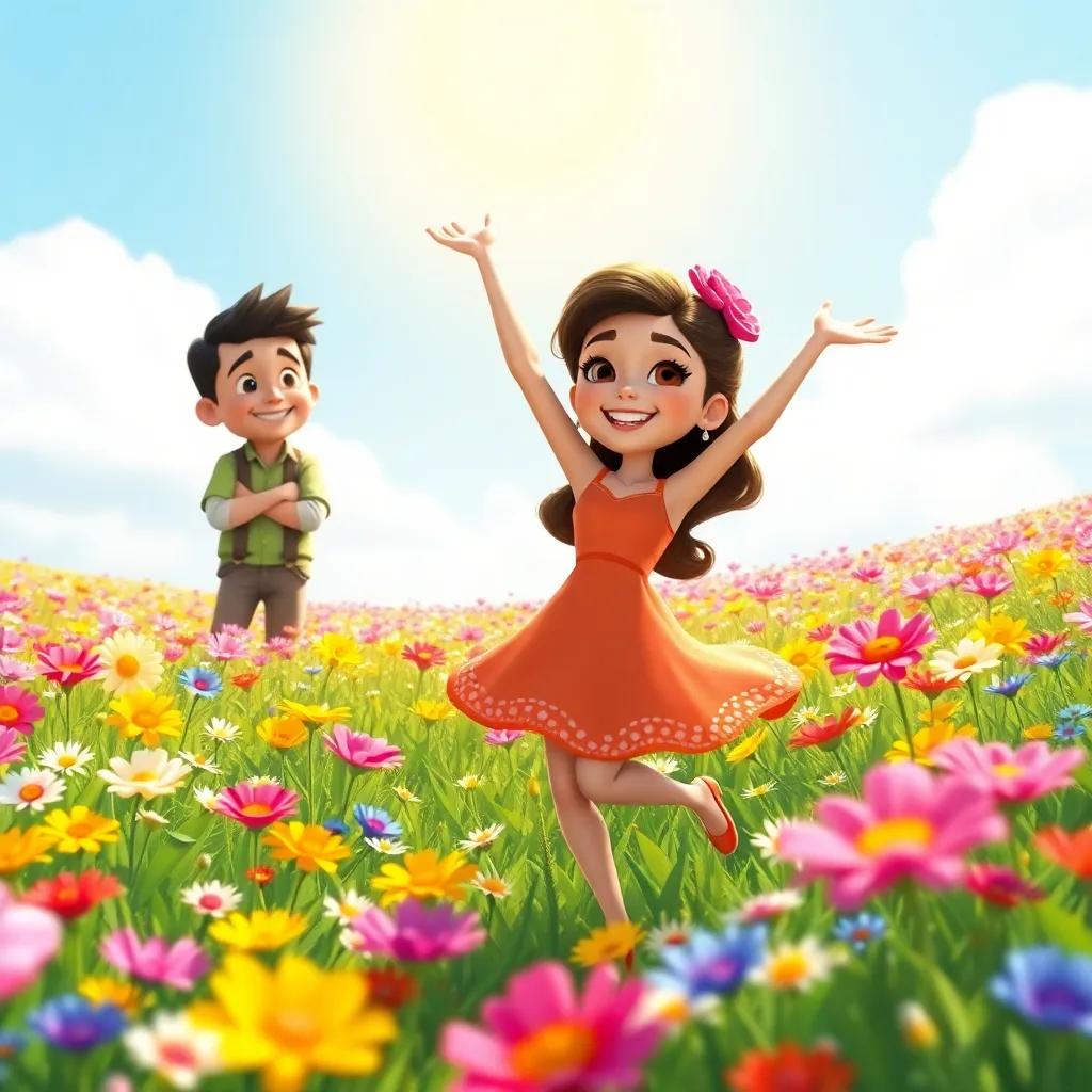 Bela dancing joyfully in a beautiful field of flowers, with Eduardo seen smiling in the background, colorful flowers and sunny sky, vibrant digital art, happy scene, cheerful