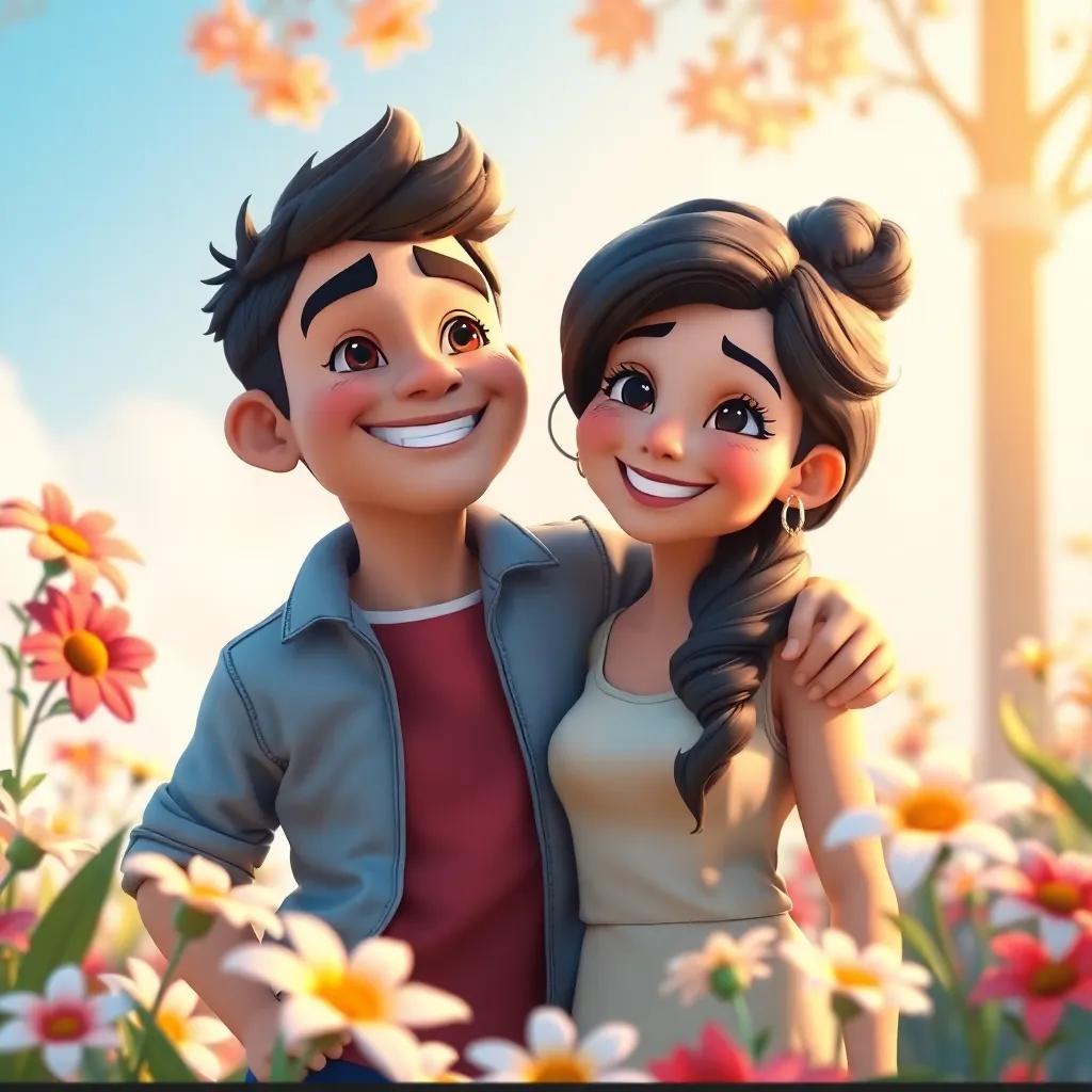 Eduardo feeling proud and happy standing next to Bela, with flowers around them, sharing a moment of friendship, bright colors and happy expressions, warm light, positive vibe