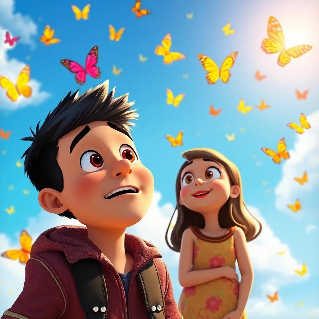Eduardo with a surprised expression, feeling strong and confident while listening to Bela, under a bright sky filled with butterflies, hopeful and cheerful, bright and colorful