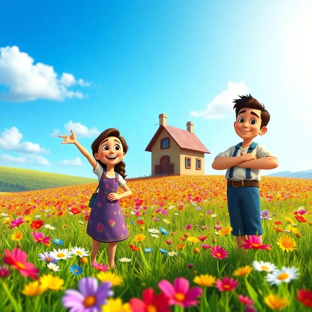 Bela pointing towards her home in a bright colorful field, while Eduardo looks proud and happy, beautiful landscape with flowers and blue sky, heartwarming scene, cheerful illustration
