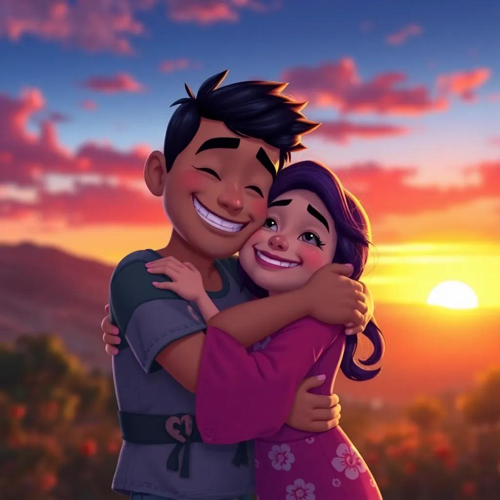 Eduardo and Bela hugging each other, both looking joyful, with a colorful sunset in the background, symbolizing their friendship and understanding, vibrant colors, heartwarming art
