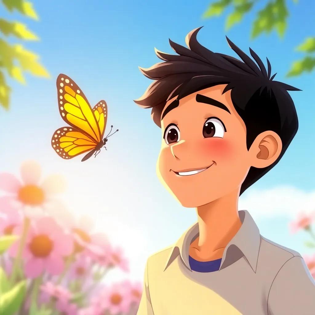 Eduardo looking at a butterfly flying by, smiling, with a bright sunny day, feeling fulfilled and happy with a friend, beautiful colors, peaceful atmosphere, illustrative style