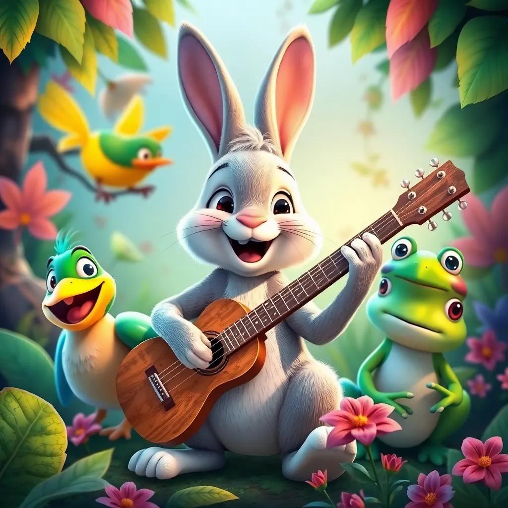 A cheerful rabbit playing a guitar, surrounded by other animals like a bird and a frog, happy faces, vibrant nature around, colorful leaves and flowers